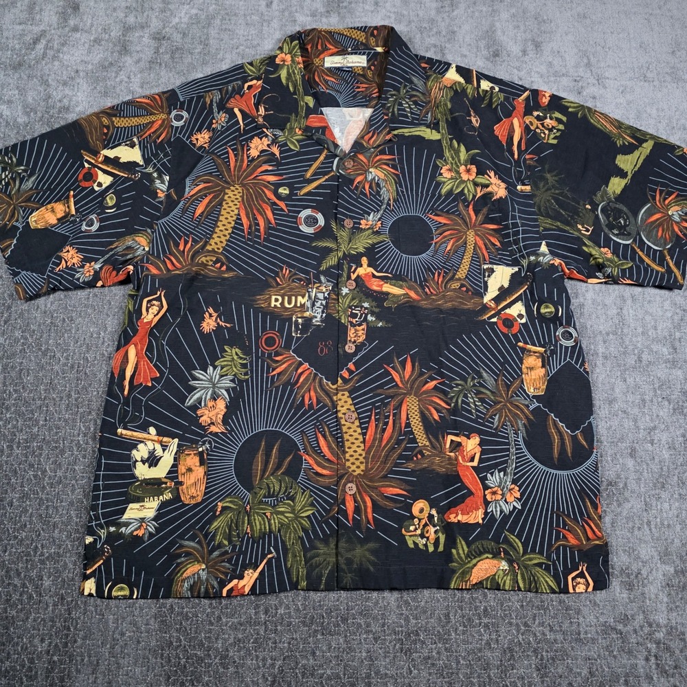 Tommy Bahama Mens XL Silk Club Habana Tropical Camp Shirt Black Short Sleeve Rum